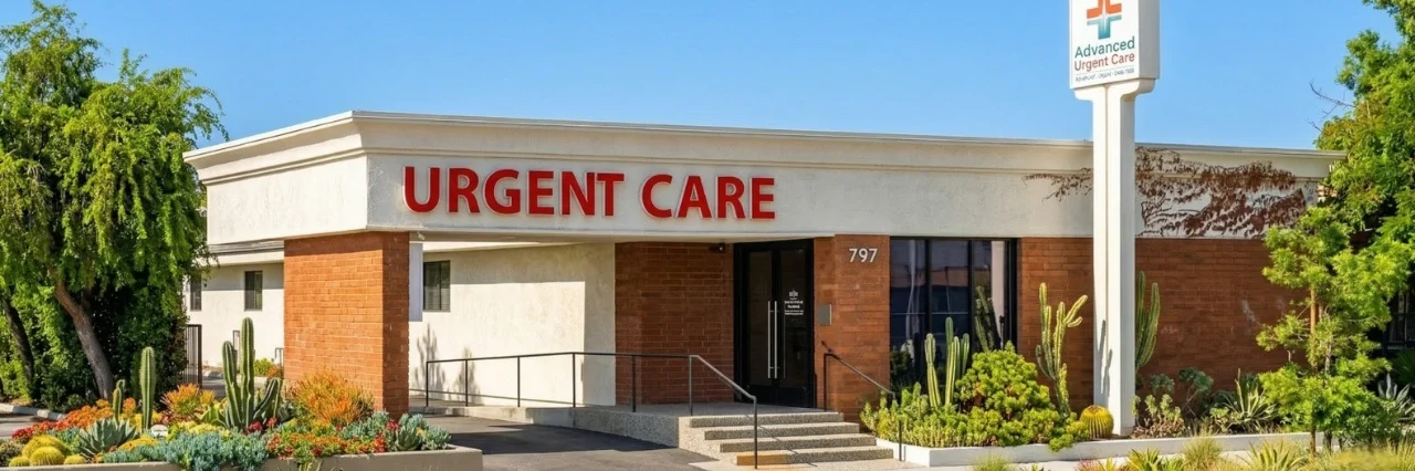 A wide-angle exterior shot of the Advanced Urgent Care building in Pasadena captured in bright, natural daylight under a clear blue sky. The composition features a clean, modern medical facility with white stucco walls, red brick accents, and a large "URGENT CARE" sign in bold red letters above the entrance. To the right, a tall white pylon sign displays the "Advanced Urgent Care" logo and the street number "797". The foreground is neatly landscaped with lush green trees, cacti, and various succulents, emphasizing a professional and welcoming healthcare environment.