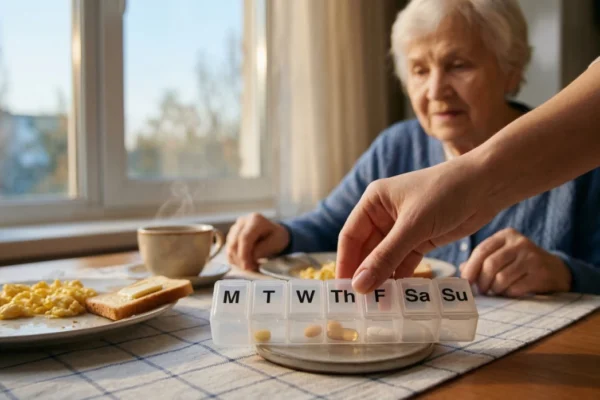 A close-up, eye-level shot of a caregiver's hand placing a translucent plastic weekly pill organizer onto a wooden dining table. The organizer displays clear, black printed text for each day: "M T W Th F Sa Su". In the soft-focus background, an elderly woman sits at the table with a plate of scrambled eggs and toast. Warm, natural light streams from a window on the left, highlighting the steam rising from a nearby coffee cup.