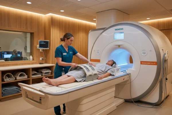 A wide, clean shot of a modern MRI suite with warm wood-paneled walls and recessed ceiling lights. A female technologist in teal scrubs is adjusting a coil over a patient lying on the table of a large white Siemens Magnetom Vida 3T machine. The branding "SIEMENS" and "MAGNETOM Vida 3T" is clearly visible on the front of the scanner. The composition is symmetrical and professional.
