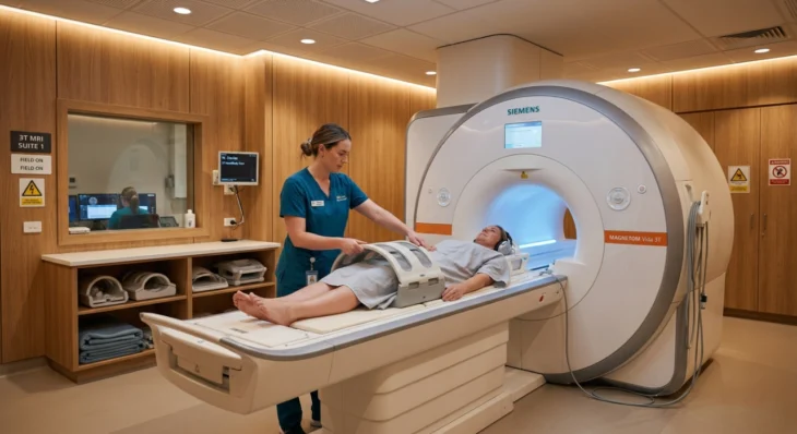 siemens-3t-mri-scan-imaging-center-pasadena-ca. A wide, clean shot of a modern MRI suite with warm wood-paneled walls and recessed ceiling lights. A female technologist in teal scrubs is adjusting a coil over a patient lying on the table of a large white Siemens Magnetom Vida 3T machine. The branding "SIEMENS" and "MAGNETOM Vida 3T" is clearly visible on the front of the scanner. The composition is symmetrical and professional.