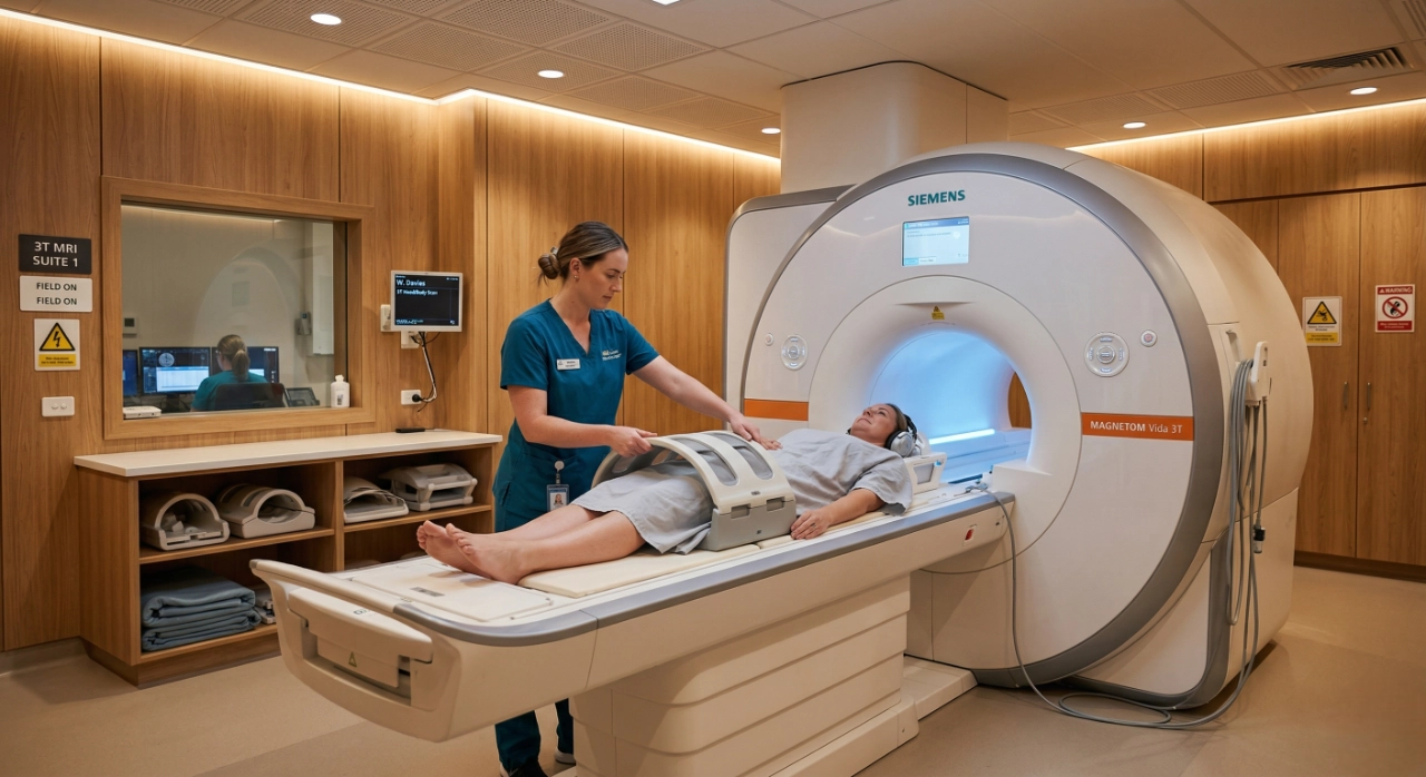 siemens-3t-mri-scan-imaging-center-pasadena-ca. A wide, clean shot of a modern MRI suite with warm wood-paneled walls and recessed ceiling lights. A female technologist in teal scrubs is adjusting a coil over a patient lying on the table of a large white Siemens Magnetom Vida 3T machine. The branding "SIEMENS" and "MAGNETOM Vida 3T" is clearly visible on the front of the scanner. The composition is symmetrical and professional.