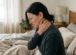 A profile close-up of a woman sitting on a rumpled bed, her face contorted in pain with eyes tightly shut. She is reaching up with her right hand to rub the side of her neck. The lighting is soft and natural, coming from a nearby window, highlighting the tension in her jaw and neck. The background is a minimalist, neutral-toned bedroom with a wooden headboard and soft-focus greenery.