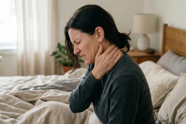 A profile close-up of a woman sitting on a rumpled bed, her face contorted in pain with eyes tightly shut. She is reaching up with her right hand to rub the side of her neck. The lighting is soft and natural, coming from a nearby window, highlighting the tension in her jaw and neck. The background is a minimalist, neutral-toned bedroom with a wooden headboard and soft-focus greenery.