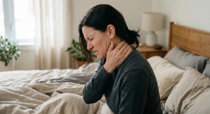 stiff-neck-headache-fever-meningitis-symptoms A profile close-up of a woman sitting on a rumpled bed, her face contorted in pain with eyes tightly shut. She is reaching up with her right hand to rub the side of her neck. The lighting is soft and natural, coming from a nearby window, highlighting the tension in her jaw and neck. The background is a minimalist, neutral-toned bedroom with a wooden headboard and soft-focus greenery.
