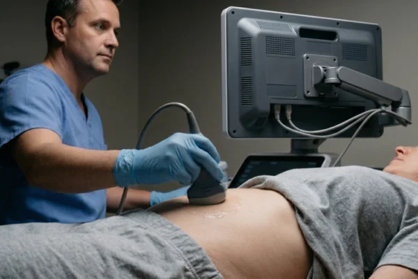 A close-up side profile of a sonographer in blue scrubs and gloves performing an abdominal scan. The sonographer holds a transducer against a patient's abdomen covered in clear gel. A large grey medical monitor on an adjustable arm is positioned in the center. The lighting is neutral and clinical, emphasizing the precise interaction between the specialist and the technology.