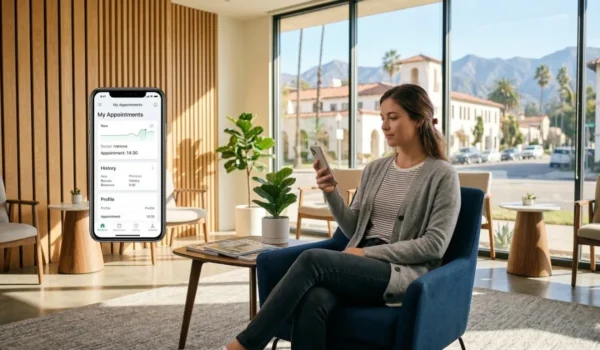 A wide, bright shot of a modern clinic lobby with warm wooden slat walls and large floor-to-ceiling windows showing a sunny Pasadena street with palm trees. A woman sits in a blue armchair, looking at her phone. A large, floating digital interface on the left displays a "My Appointments" screen with text "Doctor: Ivanova" and "Appointment: 14:30." The lighting is natural and airy with soft shadows.