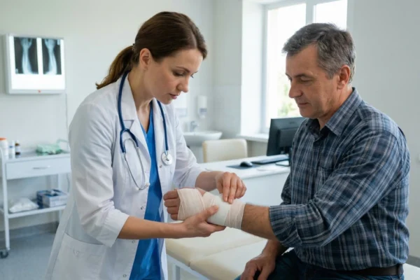 A medium profile shot in a bright, clinical setting with diffused natural light pouring from a large window. The composition centers on a female doctor in a white lab coat and blue scrubs as she carefully applies a white elastic compression bandage to a male patient’s wrist. The lighting is clean and even, highlighting the hands-on care. The background features a minimalist exam room with a medical rolling cart and a glowing X-ray light box on a white wall, reinforcing a sense of professional diagnostic authority.