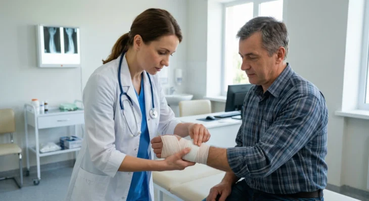 A medium profile shot in a bright, clinical setting with diffused natural light pouring from a large window. The composition centers on a female doctor in a white lab coat and blue scrubs as she carefully applies a white elastic compression bandage to a male patient’s wrist. The lighting is clean and even, highlighting the hands-on care. The background features a minimalist exam room with a medical rolling cart and a glowing X-ray light box on a white wall, reinforcing a sense of professional diagnostic authority.