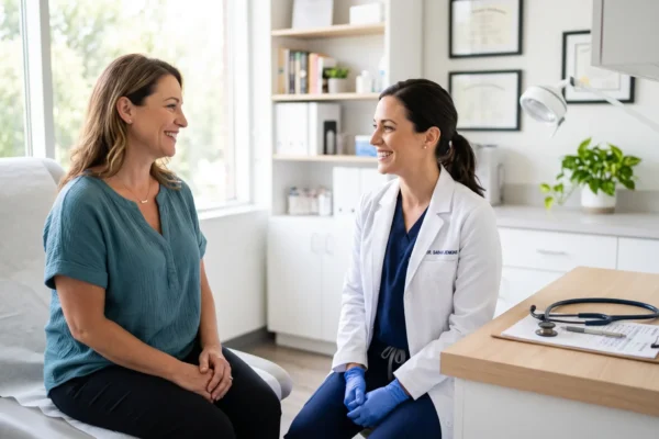 Woman talking with a female OB-GYN during a well-woman visit in a bright modern clinic