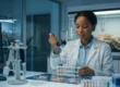 A medium-wide, eye-level photograph captures a female African American scientist focused intensely on using a micropipette to dispense liquid into a rack of test tubes. The entire scene is illuminated by a crisp, bright, cool-white clinical light, highlighting the details of the petri dishes, pipette stand, and pipette tip boxes that frame the foreground. Her workspace is clean and organized, with equipment slightly soft in focus. Behind her, two computer monitors are visible on the left, showing clear graphs titled 'metabolic efficiency' and 'muscle mass preservation.' Opposite these on the right, within a large glass containment unit, a massive Burmese python is coiled, its patterns softly blurred. The background dissolves into a gently blurred laboratory environment, conveying a modern and sophisticated research setting.