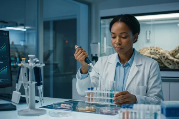 A medium-wide, eye-level photograph captures a female African American scientist focused intensely on using a micropipette to dispense liquid into a rack of test tubes. The entire scene is illuminated by a crisp, bright, cool-white clinical light, highlighting the details of the petri dishes, pipette stand, and pipette tip boxes that frame the foreground. Her workspace is clean and organized, with equipment slightly soft in focus. Behind her, two computer monitors are visible on the left, showing clear graphs titled 'metabolic efficiency' and 'muscle mass preservation.' Opposite these on the right, within a large glass containment unit, a massive Burmese python is coiled, its patterns softly blurred. The background dissolves into a gently blurred laboratory environment, conveying a modern and sophisticated research setting.