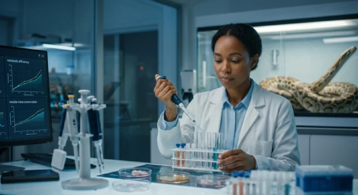 female-american-scientist-micropipette-python-lab-metabolic-efficiency-muscle-preservation. A medium-wide, eye-level photograph captures a female African American scientist focused intensely on using a micropipette to dispense liquid into a rack of test tubes. The entire scene is illuminated by a crisp, bright, cool-white clinical light, highlighting the details of the petri dishes, pipette stand, and pipette tip boxes that frame the foreground. Her workspace is clean and organized, with equipment slightly soft in focus. Behind her, two computer monitors are visible on the left, showing clear graphs titled 'metabolic efficiency' and 'muscle mass preservation.' Opposite these on the right, within a large glass containment unit, a massive Burmese python is coiled, its patterns softly blurred. The background dissolves into a gently blurred laboratory environment, conveying a modern and sophisticated research setting.