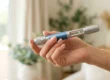 A close-up of a woman's hand gently holding a blue GLP-1 semaglutide injection pen against a soft, blurred bright background, symbolizing a weekly weight-loss treatment routine.