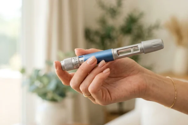 A close-up of a woman's hand gently holding a blue GLP-1 semaglutide injection pen against a soft, blurred bright background, symbolizing a weekly weight-loss treatment routine.