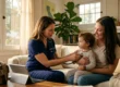 A cinematic, warm-toned photograph with a shallow depth of field focusing on a pediatrician in navy scrubs. Soft golden hour light filters through window sheers as she uses a stethoscope to examine a toddler in striped pajamas held by a smiling mother. A professional medical bag and a digital tablet rest on a wooden coffee table in the foreground, while the background features a cozy living room with blurred bookshelves and minimalist posters.