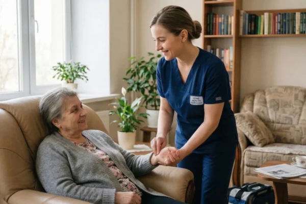 A warm, eye-level indoor shot with soft natural light streaming from a window. A nurse in dark blue scrubs with a visible "HOME HEALTH SERVICES" patch is smiling while checking the pulse of an elderly woman resting in a beige armchair. The composition is balanced, featuring domestic elements like a bookshelf and house plants in a soft-focus background.