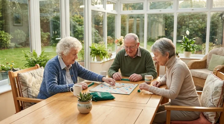 meridian-manor-activities-senior-help. A medium shot taken with warm, natural light showing three seniors (two women, one man in glasses) sitting around a light wood Scrabble board on a rectangular table. Soft sunlight from the right filters through floor-to-ceiling conservatory windows, revealing a green garden outside. Mugs and a small potted succulent sit on the table.