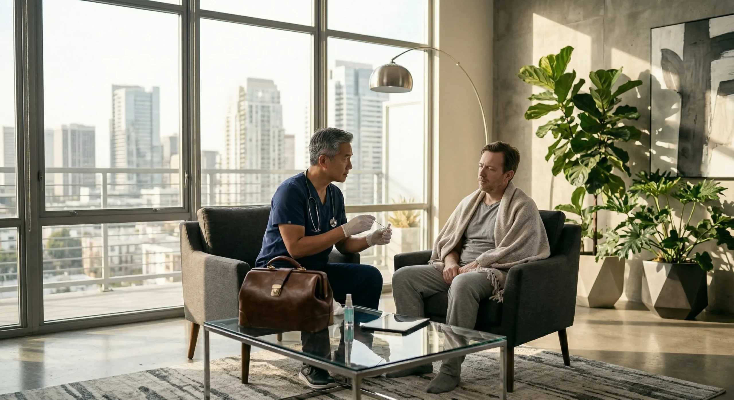 on-demand-house-call-checking-patient-in-city-loft. A naturalistic, warm-toned photograph taken from a slightly low angle, set within a spacious, modern city loft-style apartment. The composition centers on a professional relationship between two men in a bright, sunlit space. On the left, a large floor-to-ceiling window wall reveals a sprawling urban skyline. Seated opposite each other in soft, grey fabric armchairs are a medical professional in blue scrubs (left) and an unwell man wrapped in a blanket (right). The light is golden and soft from the sun, highlighting the textures of concrete and fabric. On a modern glass coffee table in the foreground are key objects: a vintage leather doctor's satchel, a small sanitizer bottle, and a tablet, all neatly arranged. The overall feel is one of trusted care in a private, high-rise sanctuary.