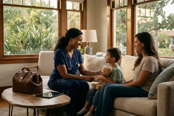 A cinematic, wide-angle lifestyle photograph with a shallow depth of field, capturing an intimate pediatric consultation. The scene is bathed in soft, amber sunlight filtering through a row of large, wood-framed Craftsman windows that reveal a lush, green suburban neighborhood. A female physician in dark blue scrubs and a stethoscope around her neck sits on the edge of a light-colored fabric sofa, smiling warmly at a small boy clutching a teddy bear. The mother sits beside the child, looking on with an expression of trust. In the lower-left foreground, a rustic wooden coffee table holds a classic brown leather medical satchel and a sleek black digital tablet, grounding the composition. The color palette is rich with earthy tones and natural light, emphasizing a sense of safety, compassion, and high-end professional care.