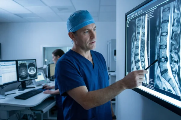A profile shot of a male doctor in blue surgical scrubs pointing a pen toward a large digital monitor displaying a high-contrast lumbar spine MRI. The lighting is cool and clinical, with a blueish tint characteristic of a radiology suite. The composition focuses on the detailed vertebrae imaging on the screen and the doctor’s concentrated expression.