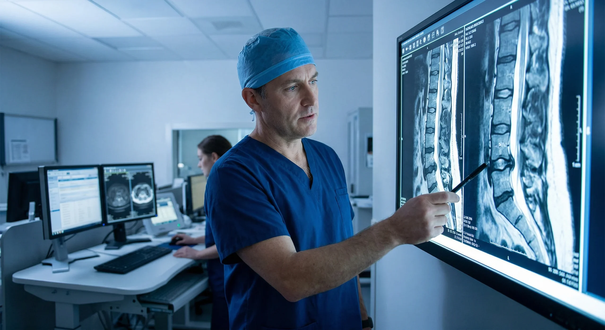 orthopedic-surgeon-spine-specialist-analyzing-mri-scan. A profile shot of a male doctor in blue surgical scrubs pointing a pen toward a large digital monitor displaying a high-contrast lumbar spine MRI. The lighting is cool and clinical, with a blueish tint characteristic of a radiology suite. The composition focuses on the detailed vertebrae imaging on the screen and the doctor’s concentrated expression.