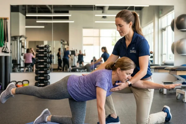 A side-angle shot in a brightly lit, modern gym. The composition shows a female physical therapist in a navy polo shirt with the text "Pasadena Physical Therapy" assisting a patient. Soft, even lighting highlights the patient’s form as she performs a balancing exercise on a mat. The background features mirrored walls and blurred exercise equipment.