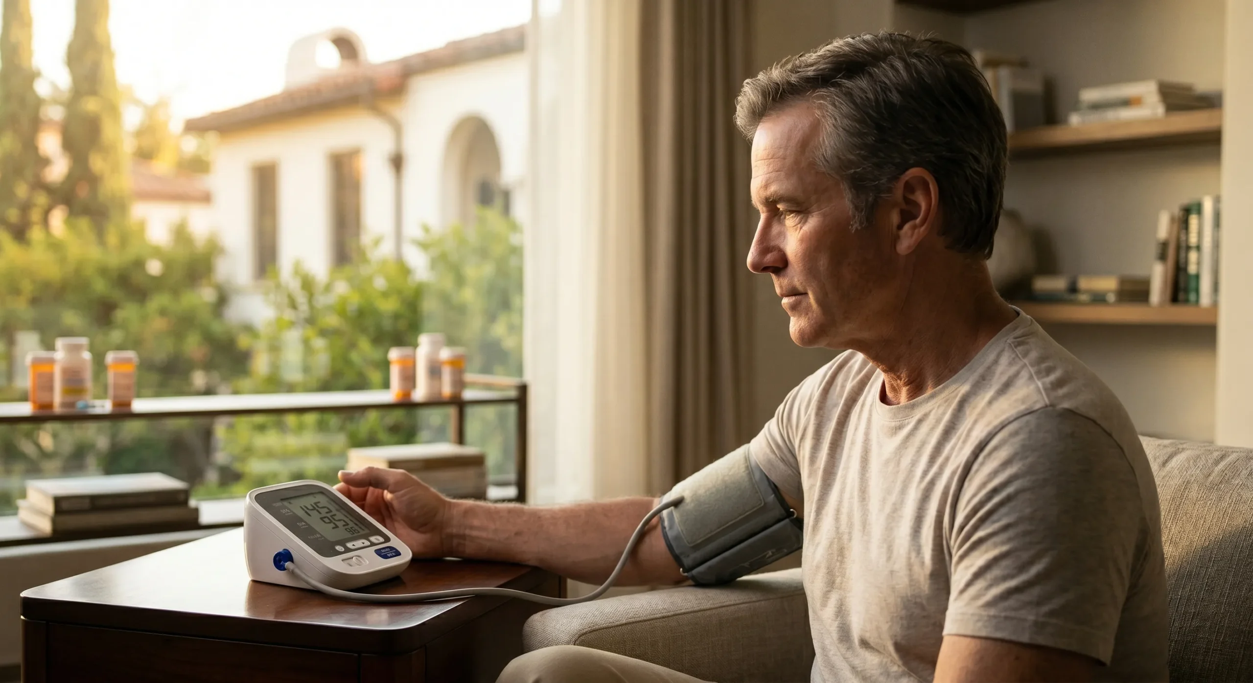A cinematic side-profile shot of a middle-aged man in a grey t-shirt sitting on a beige sofa, bathed in warm, natural light from a nearby window. The composition uses a shallow depth of field, sharply focusing on a digital blood pressure monitor placed on a dark wood side table, which displays the numbers "145" and "95" in a black digital font. In the soft-focus background, several orange pill bottles sit on a shelf against a view of Mediterranean-style architecture and lush greenery during golden hour.