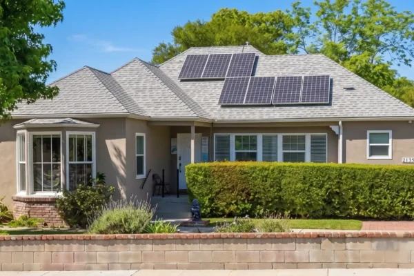 Single-story stucco home with a manicured hedge, bay window, and rooftop solar panels under bright blue California sky — address marker 2135 visible on the side wall, warm natural daylight, symmetrical composition with mature trees framing the entrance.