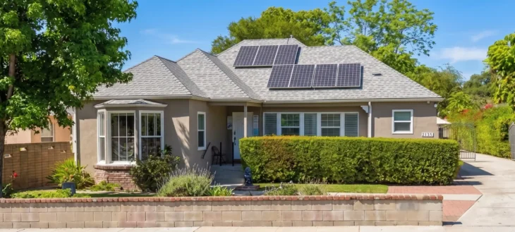 Single-story stucco home with a manicured hedge, bay window, and rooftop solar panels under bright blue California sky — address marker 2135 visible on the side wall, warm natural daylight, symmetrical composition with mature trees framing the entrance.