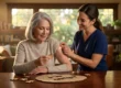 A warm-toned, golden-lit medium shot of a photo. Two smiling women are seated at a wooden table in a well-appointed, cozy living room. A mature woman with short grey hair, wearing a beige knit sweater, holds a single wooden puzzle piece and looks at a completed wooden puzzle outline of a human brain on the table. Beside her, a younger woman in blue medical scrubs applies a circular beige bandage patch to the mature woman's upper arm. Soft, golden light streams in from background windows, illuminating dust motes and creating a warm glow. The blurred background shows bookshelves and plants.