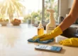 A warm, golden-hour wide shot of a modern Los Angeles kitchen counter flooded with bright morning sunlight streaming through a large window with palm trees visible outside. Two yellow rubber-gloved hands dominate the foreground — one pressing a teal microfiber cloth against the white marble surface, the other resting flat. A pump bottle of amber hand soap and a white spray bottle labeled "Bleach Cleaner" stand in the mid-ground. A smartphone lies face-up in the lower foreground displaying the text "Your Doctor Is Ready." in dark letters on a light blue screen. The blurred background reveals a bowl of citrus fruit and stainless steel appliances. Shallow depth of field, no faces visible.