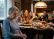 A cinematic wide-angle photograph captures an elderly woman in a soft blue sweater sitting alone in the foreground at the end of a wooden dining table, her gaze cast downward and hands folded quietly in her lap. Warm tungsten light from a domed pendant lamp bathes the blurred background, where family members of different generations laugh, raise wine glasses, and reach for bread baskets in a lively gathering. Cooler natural daylight filters through a tall window on the left, gently illuminating the woman's face and creating a subtle warm-to-cool contrast that visually separates her from the celebration. Shallow depth of field keeps her sharp while softening the joyful family scene into a tender, atmospheric blur.