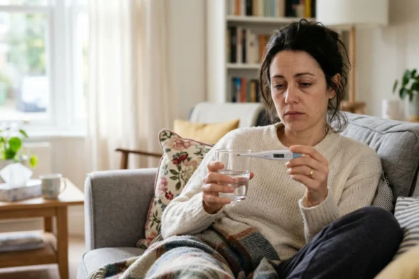 A realistic medium shot of a woman with a weary expression sitting on a gray sofa, wrapped in a blanket. The scene is lit by natural side-light from a window. She is looking closely at a digital thermometer held in one hand and a glass of water in the other. The background is a clean, slightly blurred living room with a coffee table and tissues