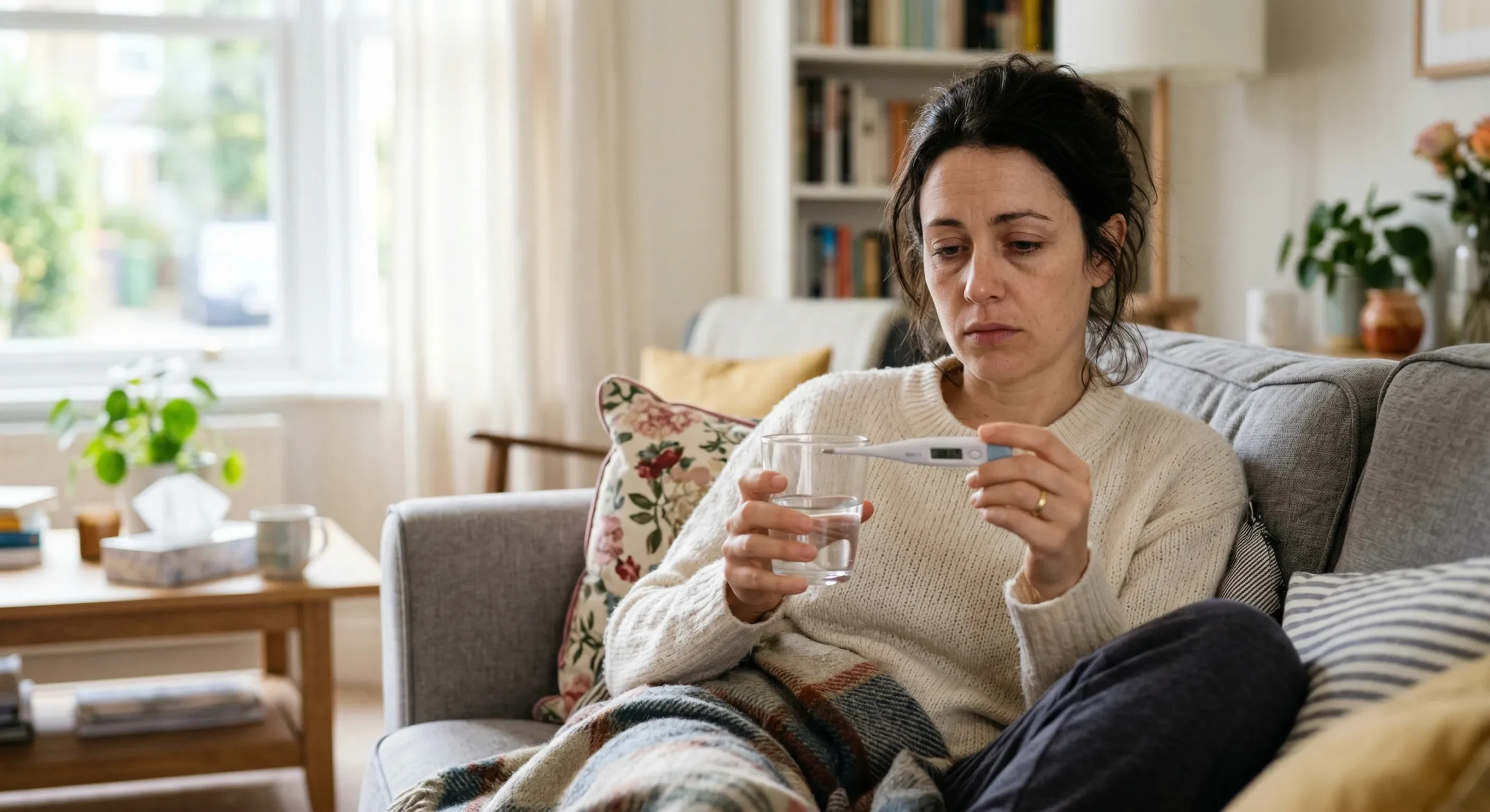woman-checking-symptoms-of-new-covid-variant. A realistic medium shot of a woman with a weary expression sitting on a gray sofa, wrapped in a blanket. The scene is lit by natural side-light from a window. She is looking closely at a digital thermometer held in one hand and a glass of water in the other. The background is a clean, slightly blurred living room with a coffee table and tissues