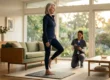 Cinematic, wide-angle composition bathed in warm, natural golden-hour sunlight streaming through large floor-to-ceiling windows. The sharp foreground focuses on an elegant senior woman's grounded bare foot and stabilized ankle joint as she performs a one-legged balance test on a textured black safety mat. In the softly blurred background, an upscale mid-century modern living room with sage green and warm oak tones frames a kneeling healthcare professional who is observing and recording clinical data on a sleek dark tablet.