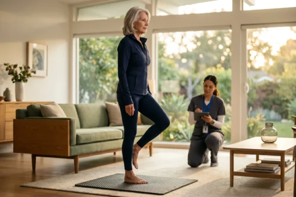 Cinematic, wide-angle composition bathed in warm, natural golden-hour sunlight streaming through large floor-to-ceiling windows. The sharp foreground focuses on an elegant senior woman's grounded bare foot and stabilized ankle joint as she performs a one-legged balance test on a textured black safety mat. In the softly blurred background, an upscale mid-century modern living room with sage green and warm oak tones frames a kneeling healthcare professional who is observing and recording clinical data on a sleek dark tablet.