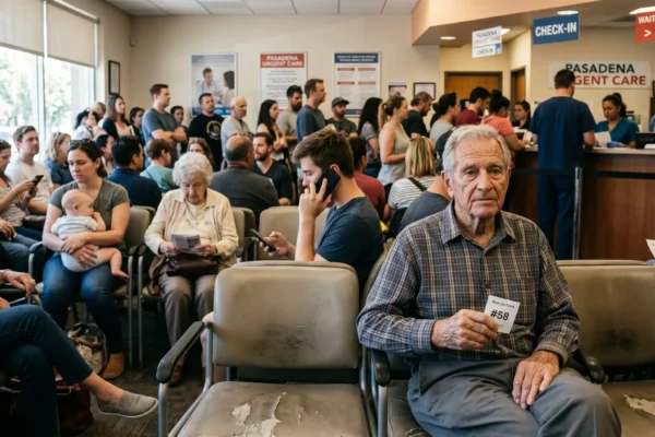 A deeply layered, wide-angle interior photograph of a crowded urgent care waiting room in Pasadena. Natural daylight from a wall of windows on the left mixes with warm overhead artificial lighting, illuminating varied areas of the room. In the immediate foreground, an elderly man in a grey-and-blue plaid shirt is seated, holding a paper ticket clearly reading “#58” and looking directly at the camera. Rows of diverse patients of varying ages fill the midground, seated in rows of grey chairs, some using phones, including a woman holding a baby. A dense queue of standing people on the right leads back to a brightly lit reception desk with a waiting line. Above the counter, prominent hanging signs include 'CHECK-IN' in white letters on blue, and a large red sign with 'WAITING TIMES: >3 HRS' in large white text. A 'PASADENA URGENT CARE' sign is on a wall-mounted poster and the red header. Wall posters include one with a photo of a doctor. The shot creates a profound sense of scale and human congestion.