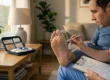 A cinematic medium shot illuminated by warm, natural golden hour light streaming through a left-side window, creating a soft bokeh effect in a cozy living room background. The sharp foreground composition focuses on a heavily textured foot featuring a visible circular ulcer on the sole. A male healthcare professional in blue scrubs sits on the right, holding a metallic clinical pen near the wound. On his lap rests a clipboard displaying a foot diagram and text reading "PATIENT DIABETIC FOOT ASSESSMENT CHART". To the left, an open medical kit rests on a wooden coffee table, balancing the frame.