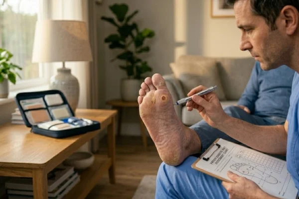 A cinematic medium shot illuminated by warm, natural golden hour light streaming through a left-side window, creating a soft bokeh effect in a cozy living room background. The sharp foreground composition focuses on a heavily textured foot featuring a visible circular ulcer on the sole. A male healthcare professional in blue scrubs sits on the right, holding a metallic clinical pen near the wound. On his lap rests a clipboard displaying a foot diagram and text reading "PATIENT DIABETIC FOOT ASSESSMENT CHART". To the left, an open medical kit rests on a wooden coffee table, balancing the frame.