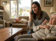 Cinematic, high-contrast medium shot capturing a medical emergency in a sun-drenched Pasadena living room. An elderly woman in a detailed cream cable-knit sweater is seated in an armchair, her hand pressed to her chest in distress. Behind her, a younger woman with a worried expression holds a smartphone to her ear, the screen subtly glowing with an active call interface. The scene is illuminated by soft, natural golden hour light streaming through large background windows, which offer a soft-focus view of suburban palms and mountains. The composition uses a shallow depth of field to blur the domestic background, focusing sharply on the textures of the fabric and the emotive expressions of the subjects to create a professional, editorial healthcare aesthetic.