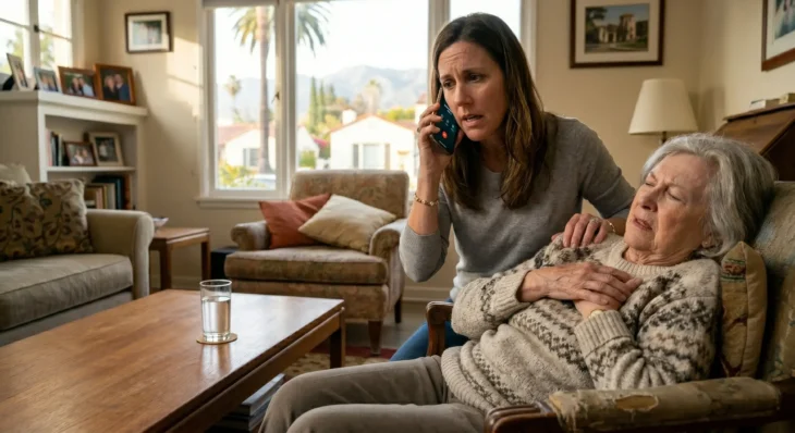er-vs-urgent-care-pasadena-senior-medical-emergency Cinematic, high-contrast medium shot capturing a medical emergency in a sun-drenched Pasadena living room. An elderly woman in a detailed cream cable-knit sweater is seated in an armchair, her hand pressed to her chest in distress. Behind her, a younger woman with a worried expression holds a smartphone to her ear, the screen subtly glowing with an active call interface. The scene is illuminated by soft, natural golden hour light streaming through large background windows, which offer a soft-focus view of suburban palms and mountains. The composition uses a shallow depth of field to blur the domestic background, focusing sharply on the textures of the fabric and the emotive expressions of the subjects to create a professional, editorial healthcare aesthetic.