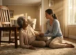 A warmly lit, low-angle photograph captured within an elegant home interior. A senior Black woman in a beige cardigan is seated on a patterned area rug, leaning slightly against a dark wooden dining chair. Kneeling close beside her is a younger woman in a blue sweater, holding the elder's hands and looking into her eyes with a comforting, focused gaze. Bright, golden volumetric sun rays stream through a window on the right, creating a warm flare and illuminating a gently blurred background of traditional living room furniture and a doorway. The composition feels intimate and emotionally grounded. No text is visible on the objects.