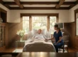 A cinematic wide architectural shot of a Craftsman-style Pasadena bedroom in warm golden hour light, with oak wood paneling, white linens on a hospital bed, and a quiet moment between a patient and a nurse in navy scrubs, fresh white lilies on a glass side table.
