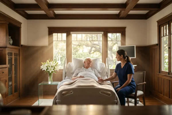 A cinematic wide architectural shot of a Craftsman-style Pasadena bedroom in warm golden hour light, with oak wood paneling, white linens on a hospital bed, and a quiet moment between a patient and a nurse in navy scrubs, fresh white lilies on a glass side table.
