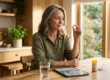 Woman seated at a sunlit kitchen table holding a single oral tablet, with a glass of water, a tablet device, and an amber prescription bottle in front of her, illustrating a daily at-home GLP-1 weight management routine.