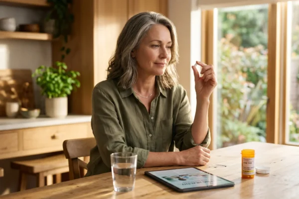 Woman seated at a sunlit kitchen table holding a single oral tablet, with a glass of water, a tablet device, and an amber prescription bottle in front of her, illustrating a daily at-home GLP-1 weight management routine.