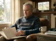 Warm, natural California sunlight streams from a left-side window, softly illuminating a dignified senior man in a deeply textured, heavy knit sweater. He is positioned in the center-left of the composition, resting in a weathered leather armchair, with sharp focal clarity on his face and the open, worn health logbook he is holding. The logbook pages reveal rows of meticulously handwritten tracking data. Shot with a shallow depth of field, the background melts into the muted, warm wooden tones of a craftsman-style living room, while a sleek white digital scale, a dark blood pressure cuff, and a ceramic mug rest softly blurred on a rustic wooden side table in the immediate right foreground.