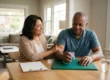 A candid indoor photograph capturing an African American man and a Hispanic woman sitting at a sun-drenched, natural wood dining table. Soft, natural daylight streams in from large windows, creating a warm and intimate atmosphere. The composition is a medium shot that focuses tightly on the two subjects and the table. The man, in a blue shirt, holds a soft, blue rehabilitation ball on a green padded mat, looking at his hand. His wife, in a beige cardigan, has her hand gently placed on his forearm, looking at him with a reassuring smile. On the table, in front of them, is a physical therapy chart. In the background, softly blurred, is a craftsman-style living room with a walking cane visible.