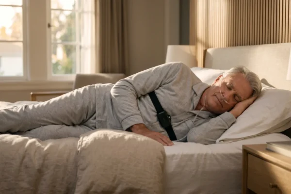 Cinematic, eye-level medium composition bathed in warm golden hour light streaming from left-side windowpanes, casting soft, realistic shadows across crisp white bedding. The shallow depth of field focuses on a peaceful senior resting on his side against a wood-paneled wall, wearing a delicate transparent nasal cannula and a slim black chest strap for a sleep study take home kit. The lighting highlights natural skin textures and a muted, sophisticated color palette. No text is visible on the sleek black monitoring device.