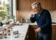 A cinematic, wide-angle composition illuminated by soft, diffused morning sunlight streaming through a large window on the left, casting natural highlights across a white marble kitchen counter. On the right third of the frame, an elderly man in a navy blue sweater leans on a wooden cane while drinking from a clear glass of water. The sharply focused foreground displays scattered silver blister packs and several amber medical bottles with labels reading "Metformin ER", "Atorvastatin", and "Amlodipine", arranged around a prominent white and orange box displaying the text "Pain Management Plan".